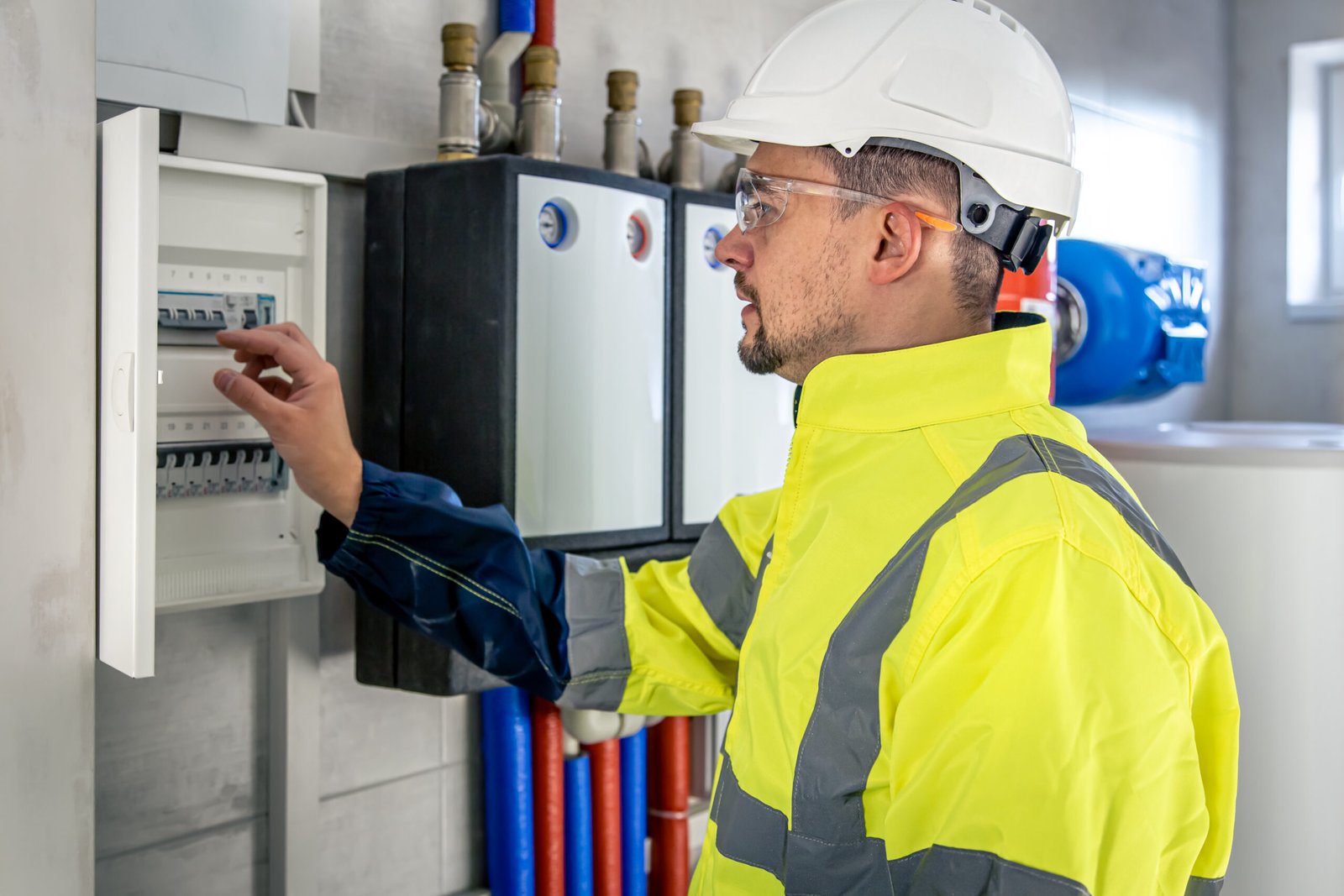 Man, an electrical technician in uniform working in a switchboard with fuses. Installation and connection of electrical equipment. Professional uses a tablet.